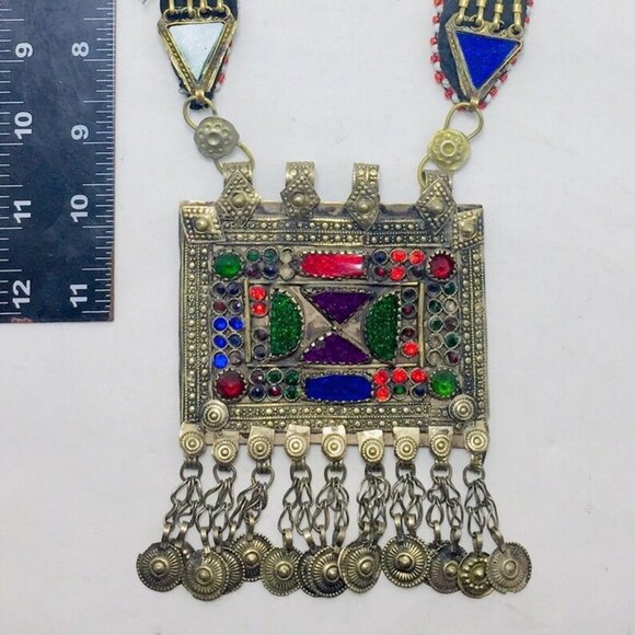 Blue and Green Long Chain Pendant Necklace, Kuchi Big Antique Pendant - Picture 7 of 9